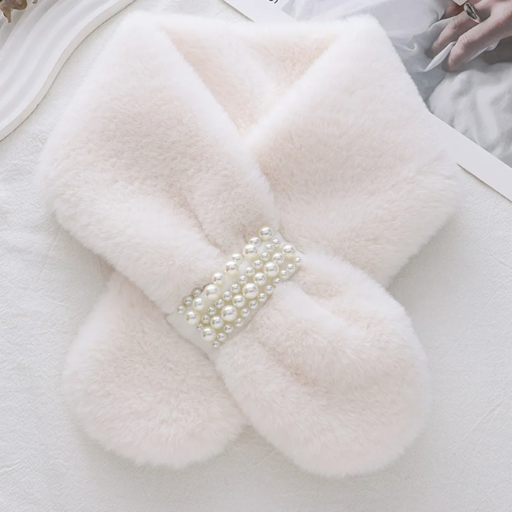 

Korean Thickened Pearl Plush Scarf Faux Rabbit Fur Cross Warm Winter Scarf Soft Korean Style Scarf Women Girls