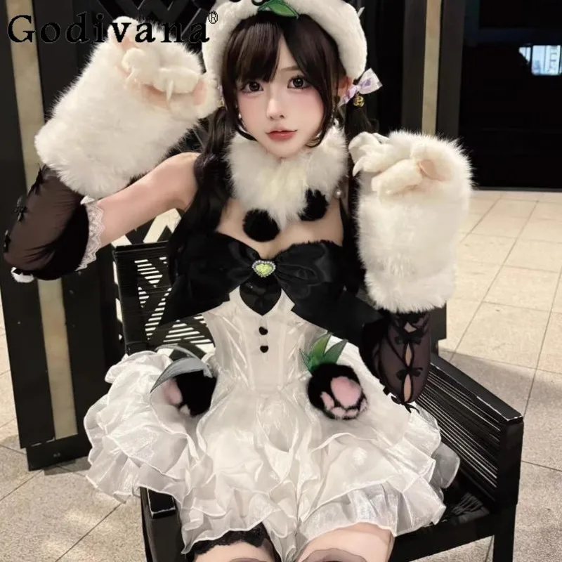 أبيض وأسود كتلة اللون تأثيري حلي المرأة هالوين القوطية مهرج فستان مجموعة أنثى الكرتون أنيمي كوس فستان الزي