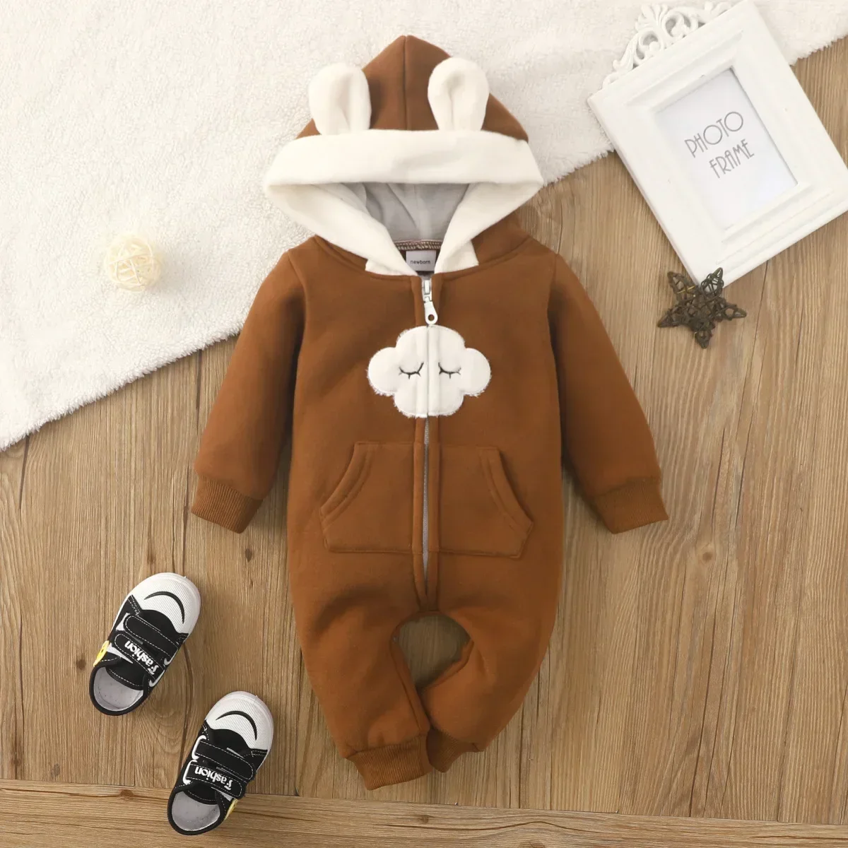 Girls Crawl Clothing Baby Hooded Jumpsuit Warm Romper Zipper Type Hoodie Love Bow Strawberry Autumn Winter 0-2 Y