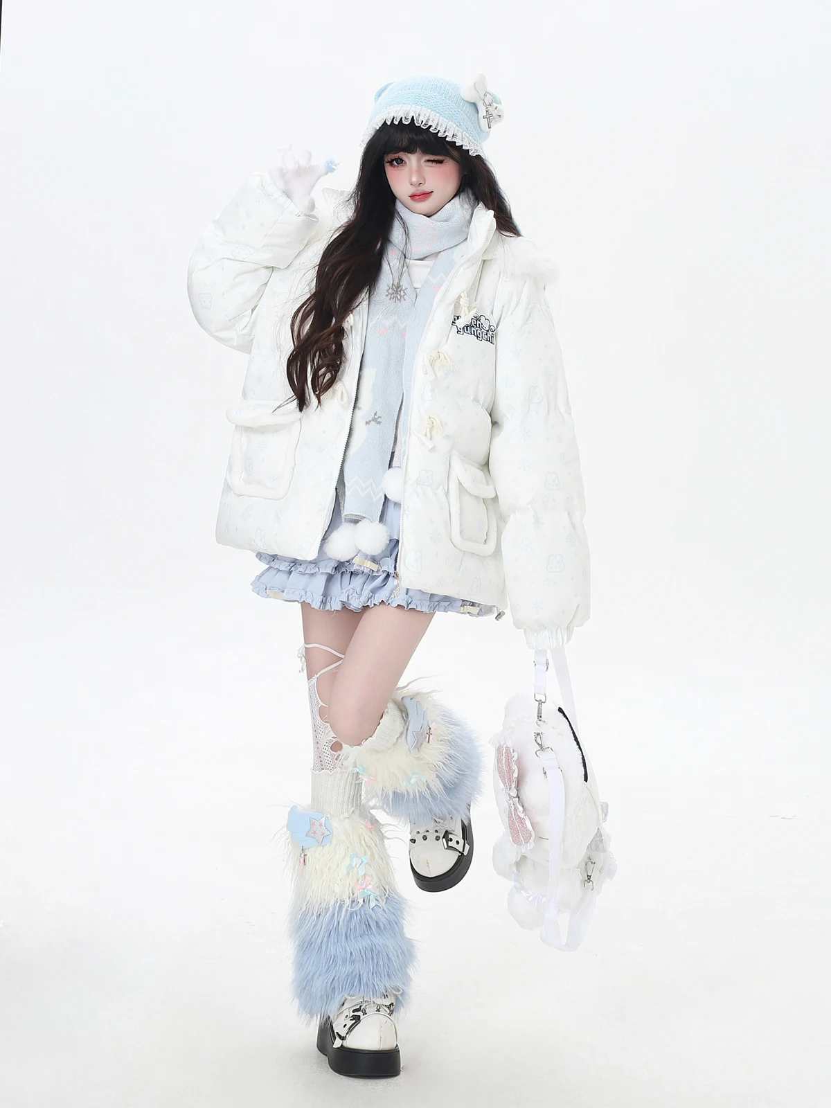 Christmas New Year Sweet Cute Girl Winter Quilted Coats Cartoon Print Embroidery Thick Warm Plush Hooded Cotton Jacket for Women