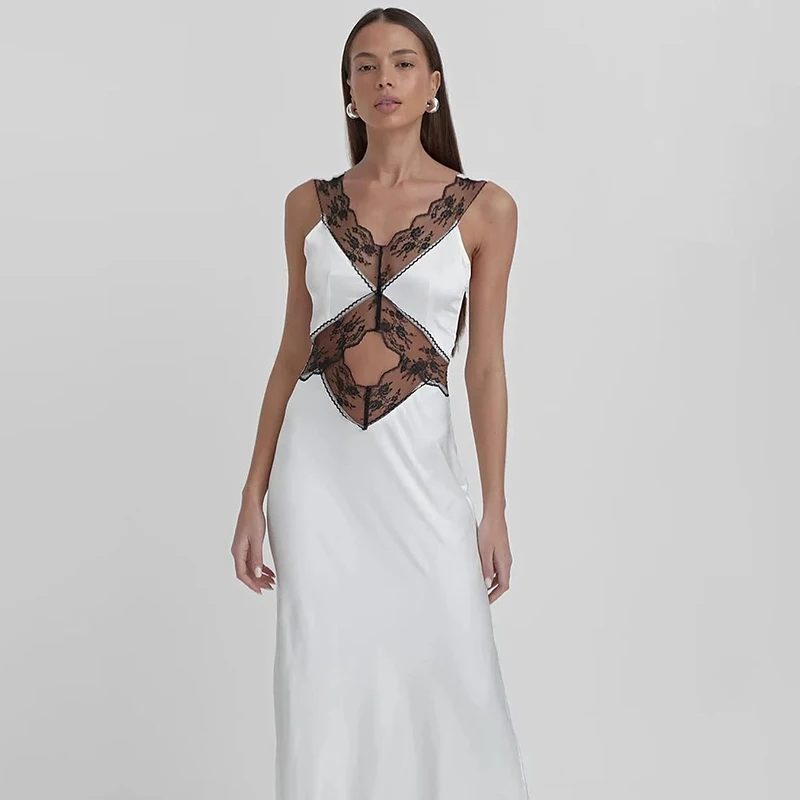 Modna sukienka trapezowa damska letnia koronkowa bez rękawów z dekoltem w serek Maxi seksowna białe sukienki casualowe w stylu Streetwear klubowa sukienka