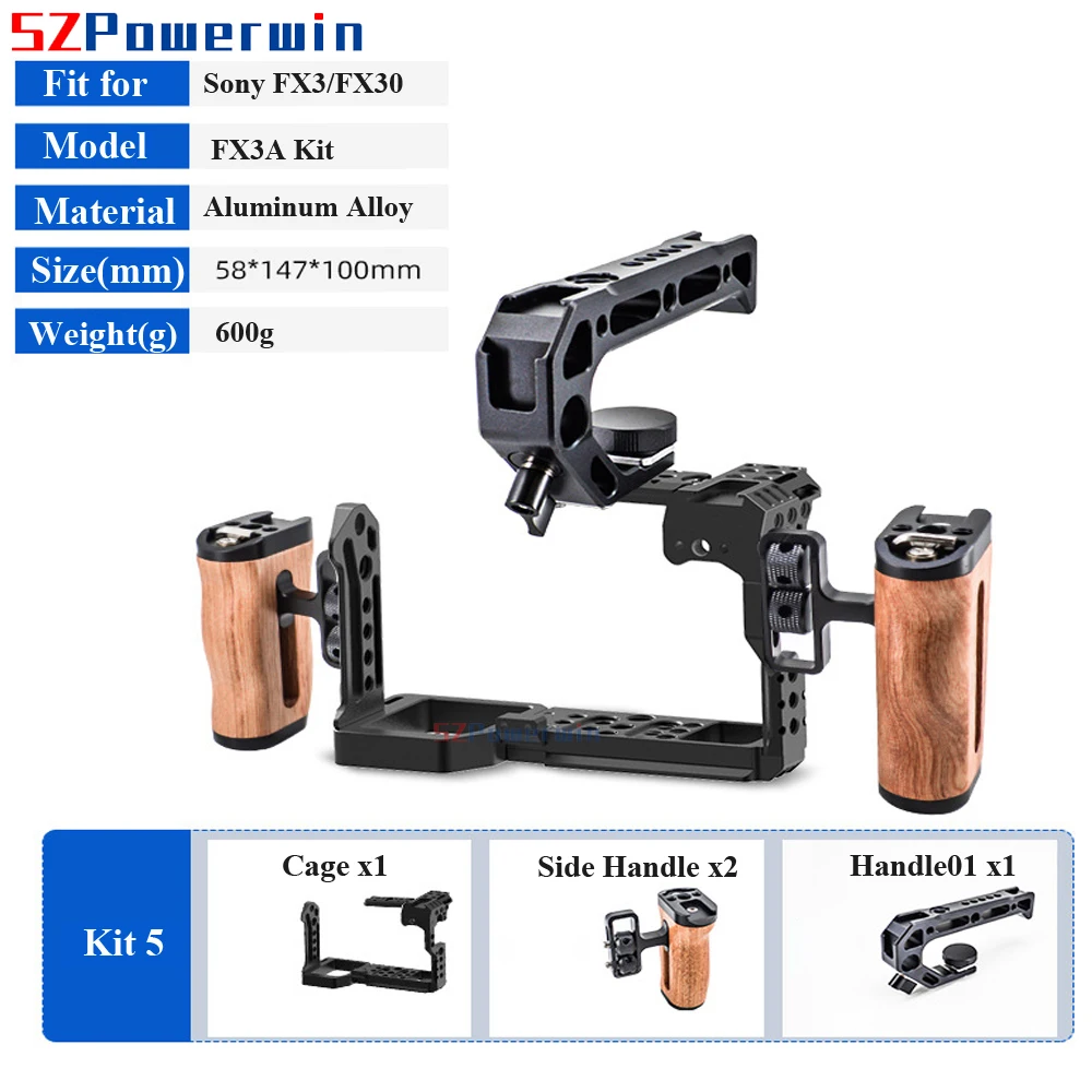 Powerwin For Sony FX3 FX30 Camera Cage with wooden Handle Kit  Aluminum Alloy Arri Locating Screw Protective Rig Frame Gimbal