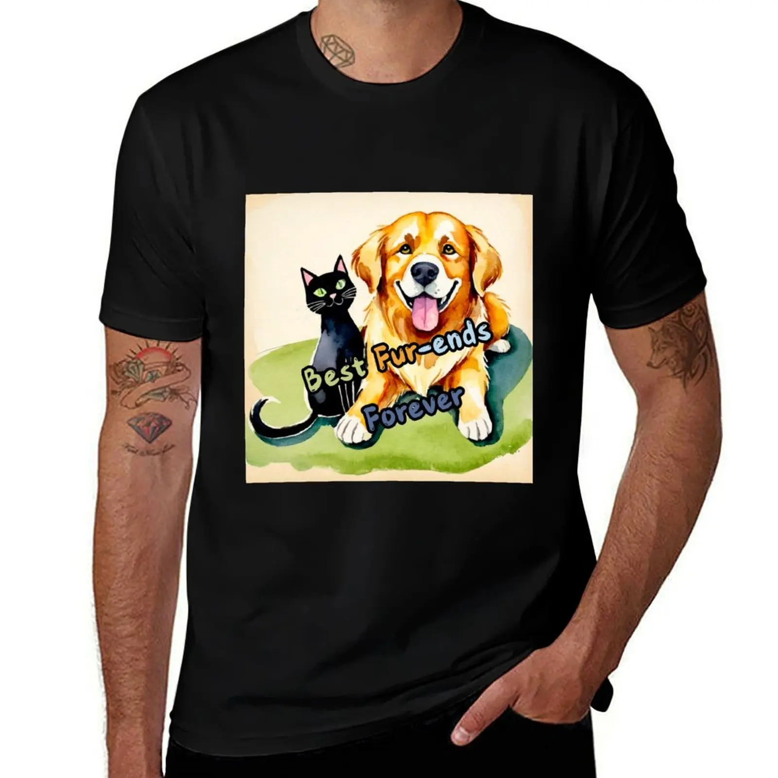 

Vintage Watercolor: Golden Retriever and Black Cat - 'Best Fur-ends Forever' Retro Parchment Art T-Shirt