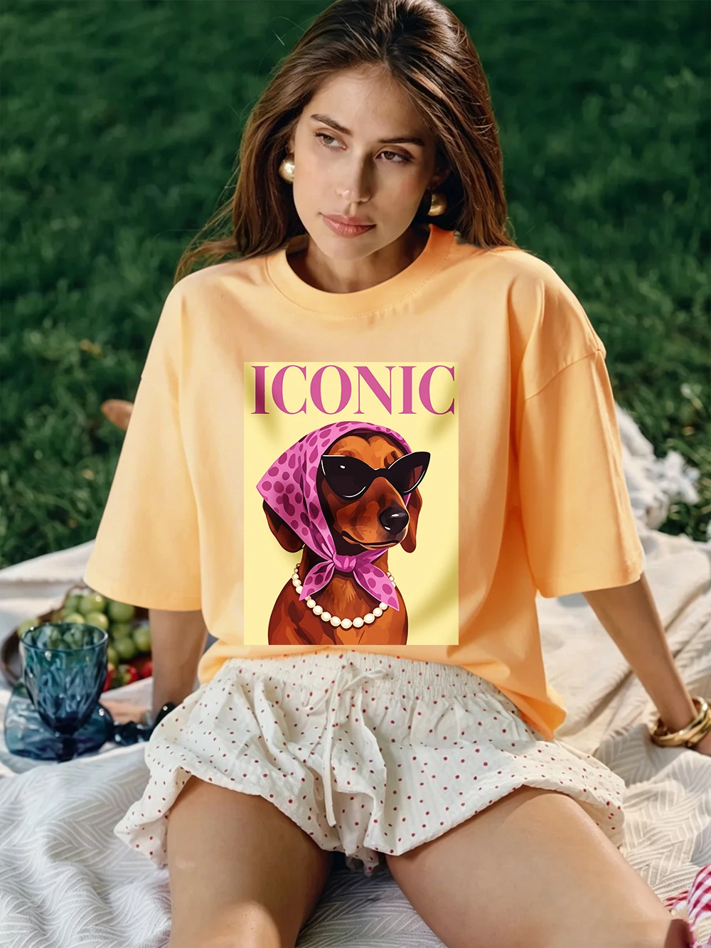 Ikonische Dackel-Prints, Baumwoll-T-Shirts für Damen, Sommer-Kurzarm-T-Shirts, O-Ausschnitt, weiche, übergroße Oberteile, einfache, bequeme Kleidung – Detail 19