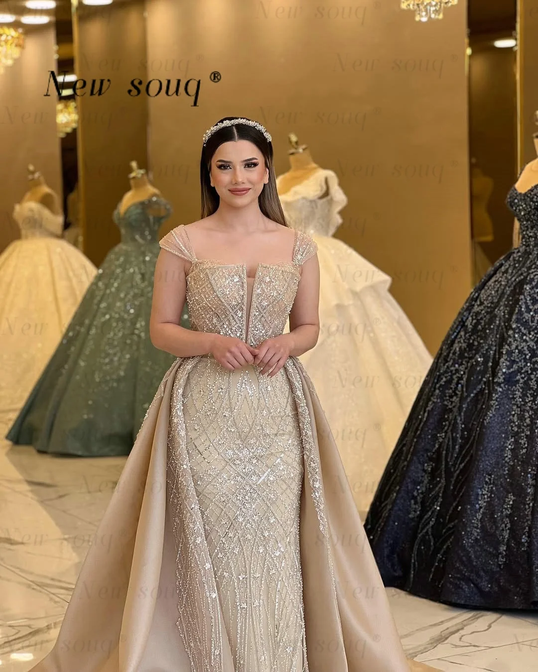 

Dubai Champagne Beaded Sequins Evening Dresses with Detachable Train Customized Elegant Formal Wedding Party Gowns for Women