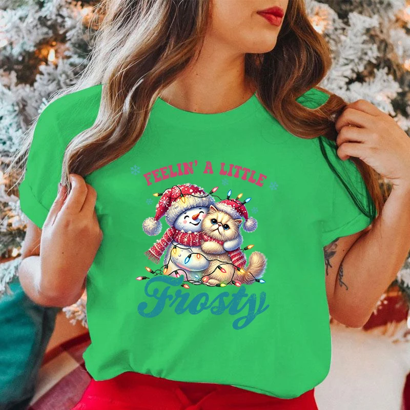 Christmas Snowman Cat Feeling A Little Frosty Letter Printed T-Shirts Fashion Harajuku Women Summer Tee Shirt