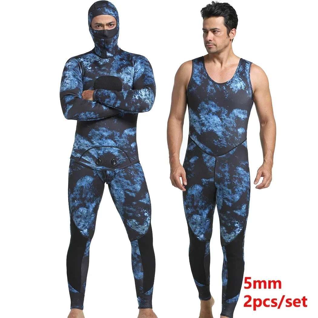 Wetsuit Men 5mm Neoprene Spearfishing Scuba Diving Suit  Camouflage 2pieces Keep Warm Fishing   Surfers with Chloroprene