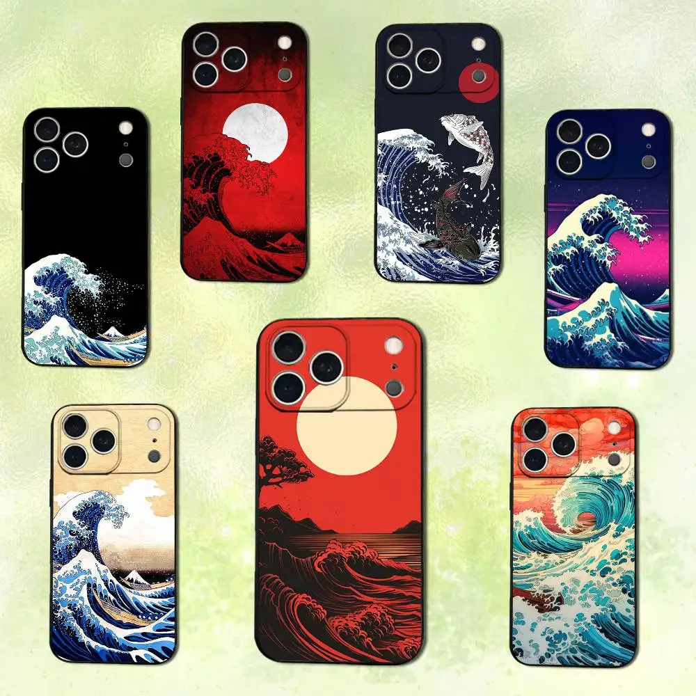 

Style Wave Japanese Painting Phone Case For iPhone 14,13,17,12,11,16,15,Plus,Pro Max,XS,X,XR,SE,Mini,Soft Silicone Black Cover