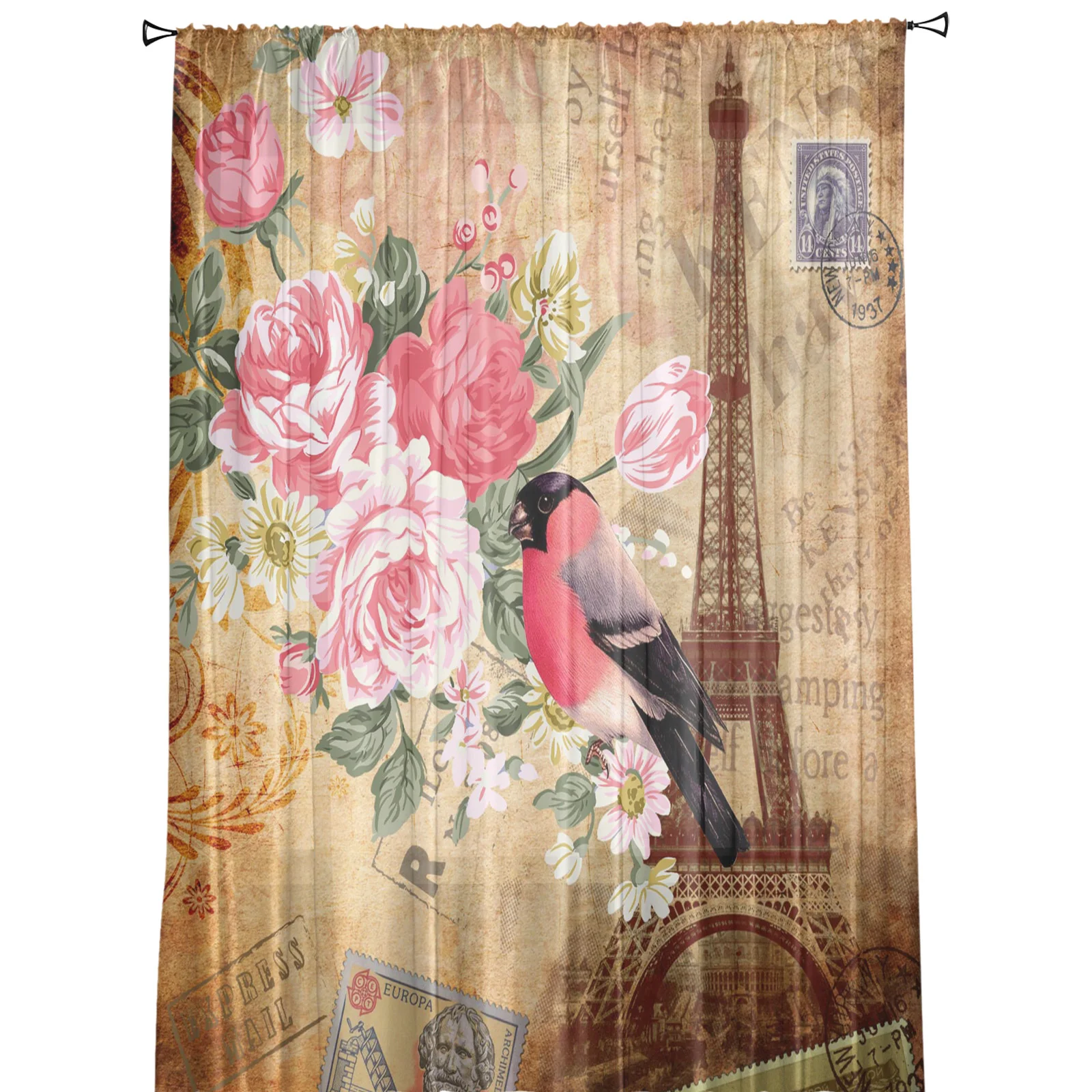 Pink Flowers Bird Eiffel Tie Retro Tulle Sheer Window Curtains for Living Room the Bedroom Voile Decorative Curtains Drapes