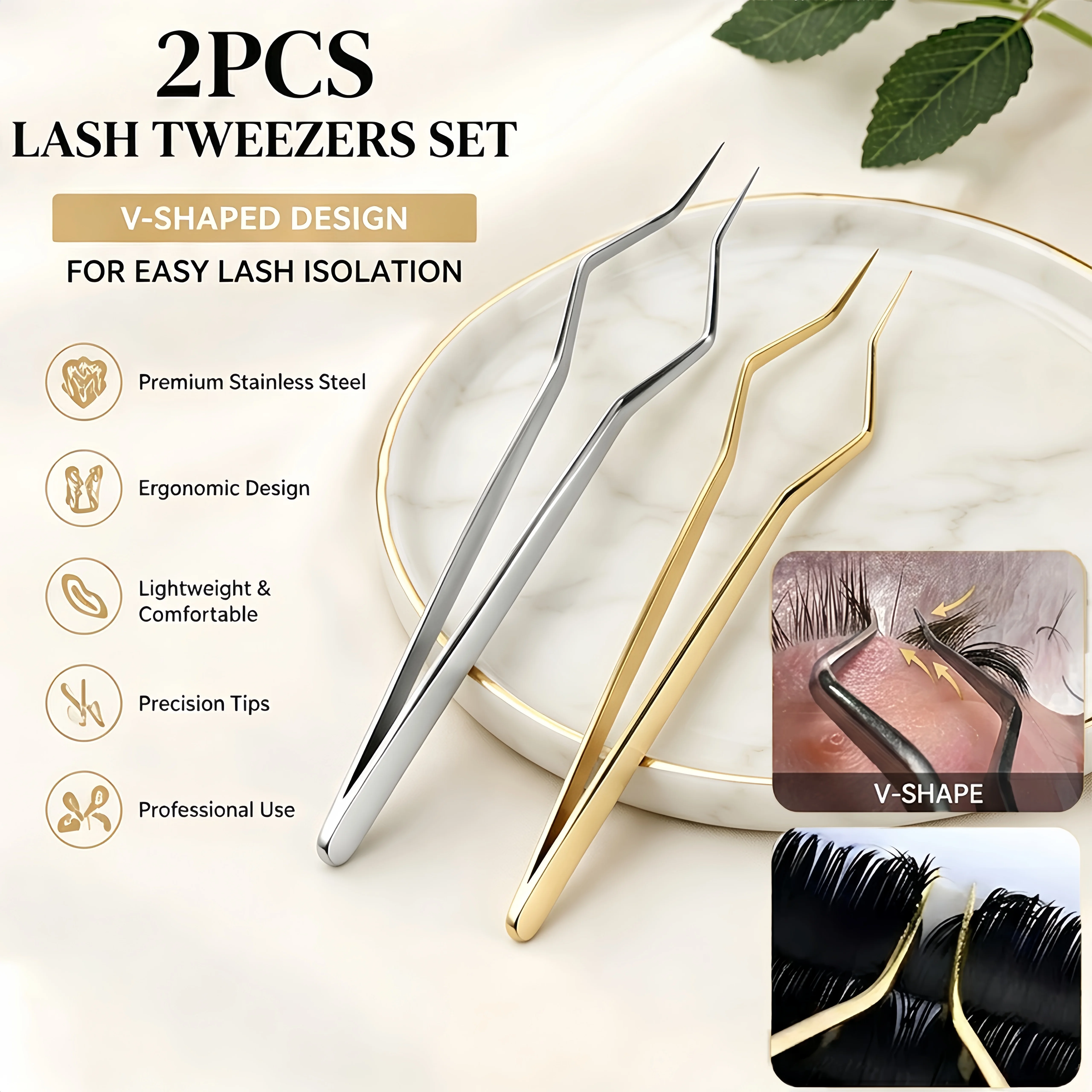 2Pcs Stainless Steel Eyelash Extension Tweezers Gold Silver V-Shape Ergonomic Isolation Tweezers Professional Grafting Lash Tool