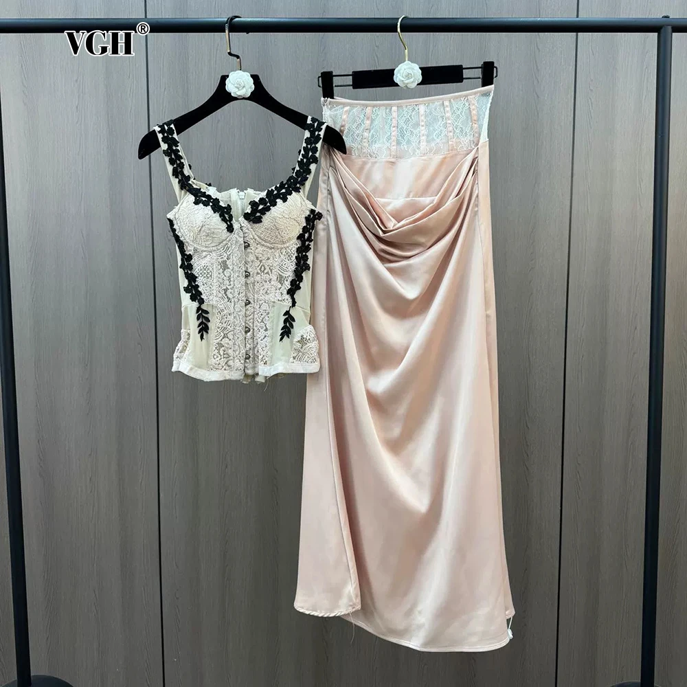 

VGH Sexy Lace Two Piece Sets For Women Square Collar Sleeveless Vest High Wasit Spliced Folds Fishtail Skirt Club Outfit Female