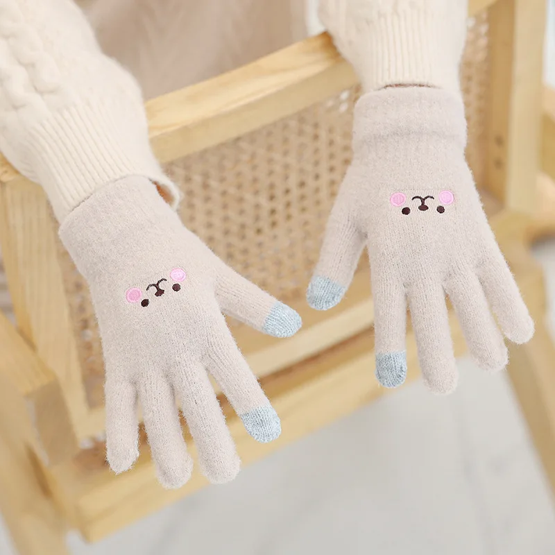 

Warm Japanese gloves Cute Korean student cartoon five finger wool lined touch screen knit knit wool gloves