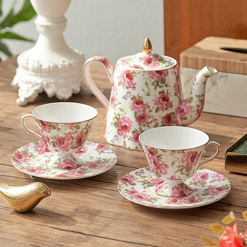 European Retro Pink Flowers Porcelain Coffee Cup with Plate British Ceramic Gold Rimmed Tea Mug and Pot for  Home Restaurant Bar