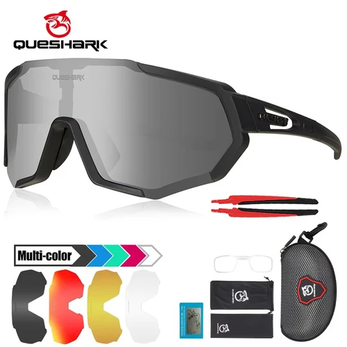 QUESHARK Gllasses de ciclismo polarizadas Protección UV deportiva, juego de 5 lentes intercambiables, gafas de sol envolventes unisex para montar en bicicleta 