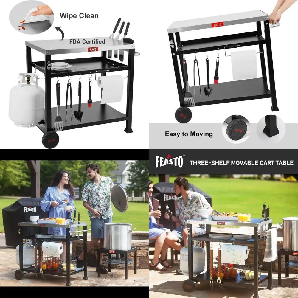 

3-Shelf Outdoor Grill Table,Pizza Oven Table for Outside,Movable Grill Cart with Wheels,Indoor & Outdoor Cooking Station, Pizza