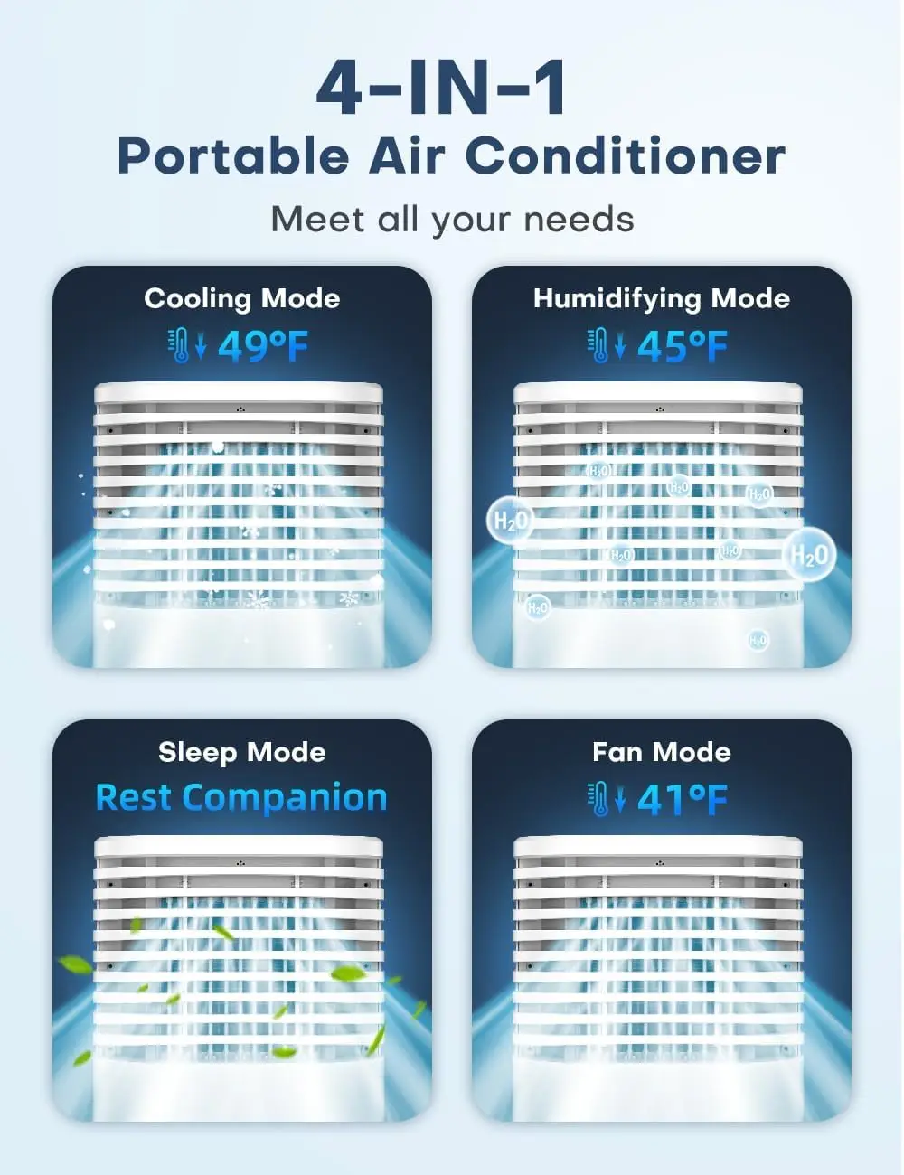 Refrigerador de ar evaporativo portátil, 4 modos, 3 velocidades, temporizador 15H para desligamento automático inteligente, 4 em 1