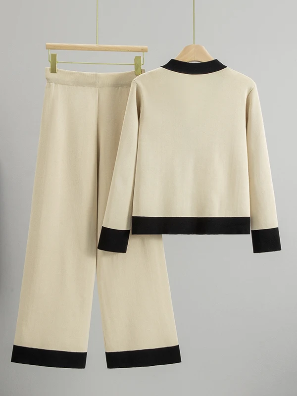 Nouveau 2025 femmes tricoté jambe large pantalon ensemble V Ne boutonné haut et Bot deux pièces Faionable automne Collection