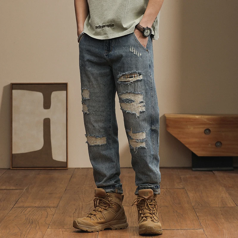 Japanese loose Harem pants spring and autumn retro vintage casual versatile trendy cargo ripped patch jeans for men clothing