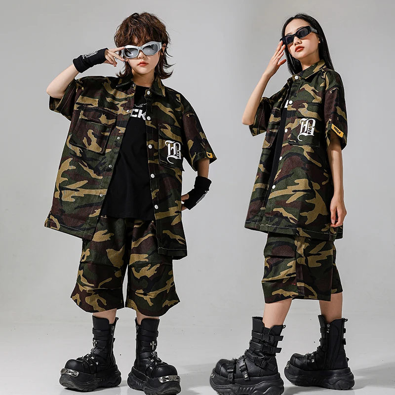 Mädchen Hip Hop Kleidung Camo Hemd Shorts Outfit Jungen Street Dance Jacke Kind Jazz Sommer Kleidung Sets Kinder Streetwear Kostüme