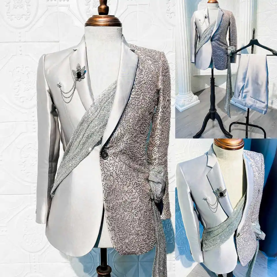 

Shining Groom Tuxedos Wedding 2 Pieces Jacket Pants Beaded Crystal Men's Suits Evening Banquet Special Occasion Customized