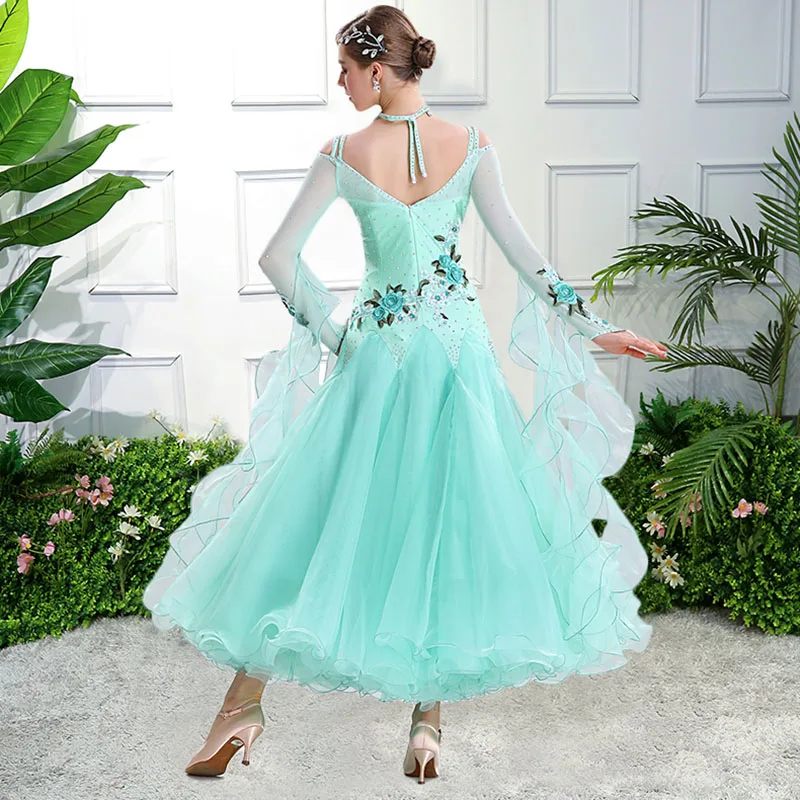 Green Ballroom Dance Dress Women\'s Performance Waltz Dancing Clothes Rhinestone Long Sleeves National Standard Modern Dancewear