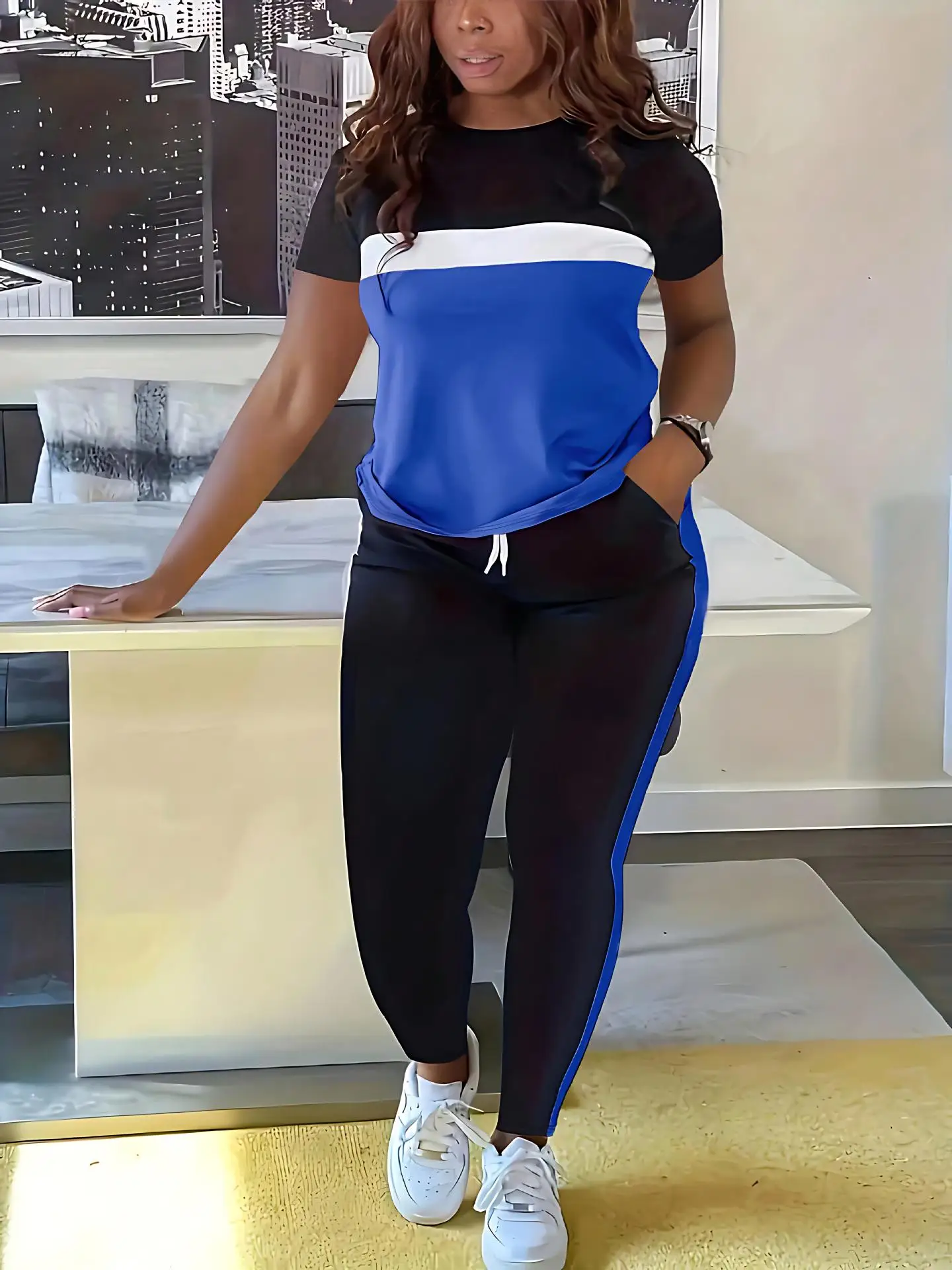 

T Shirt + Pant Sports Sets Women Casual Short Sleeve Striped Print T Shirts Outfits Fashion Jogger Elastic Pants Two Pieces Sets