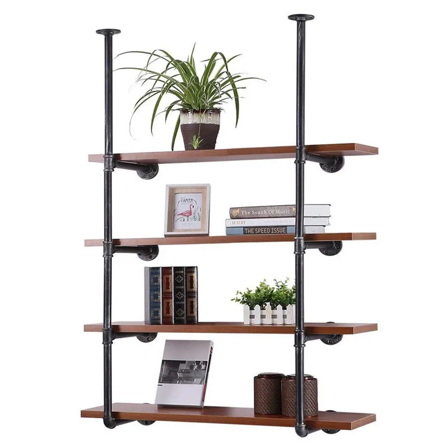 LH wall bookshelf industrial water pipe wall-mounted 4-layer shelf wrought iron decoration