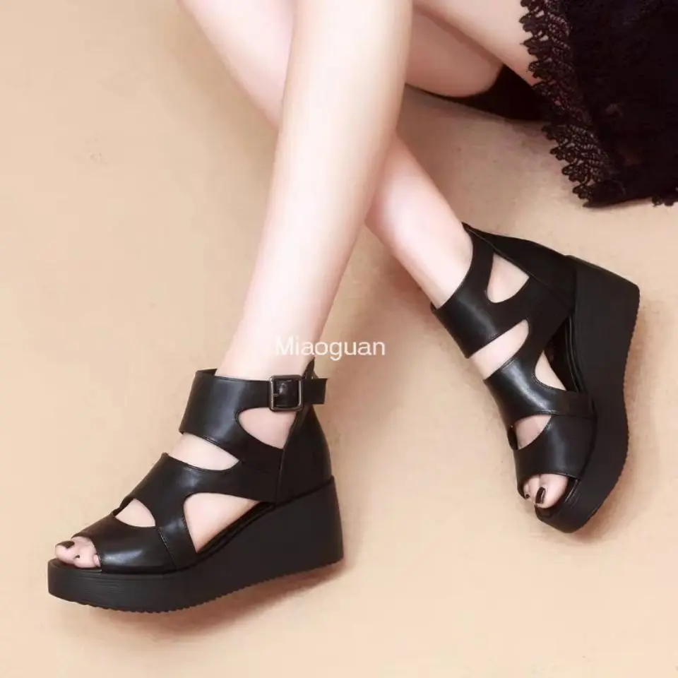 Women\'s Sandals with Black Platform Wedges Heels Black Round Head Roman Peep Toe High Quality Soft Leather PU 2024 Summer Sandal