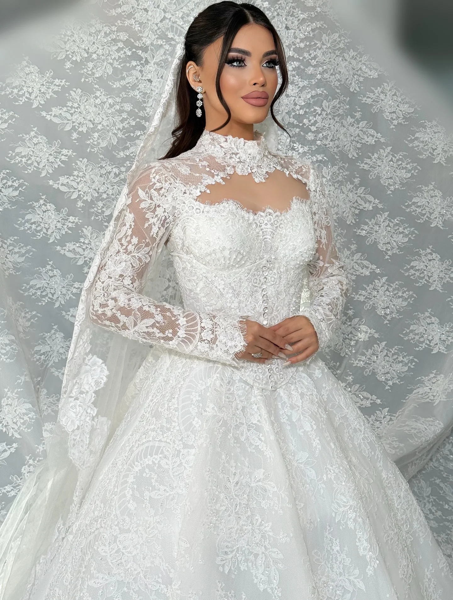 Customized High Collar Phantom Lace Long Sleeve Ball Dress Elegant A-line Dress Church Train Retro Princess Bride Dress image 5