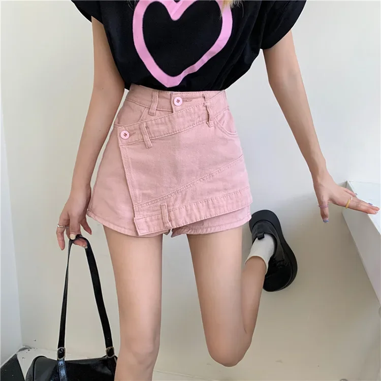 Summer New Women's Denim Shorts A- Line Wide Legs Pink Skort Slimming Petite Sensibility Design High Waist Thin Section