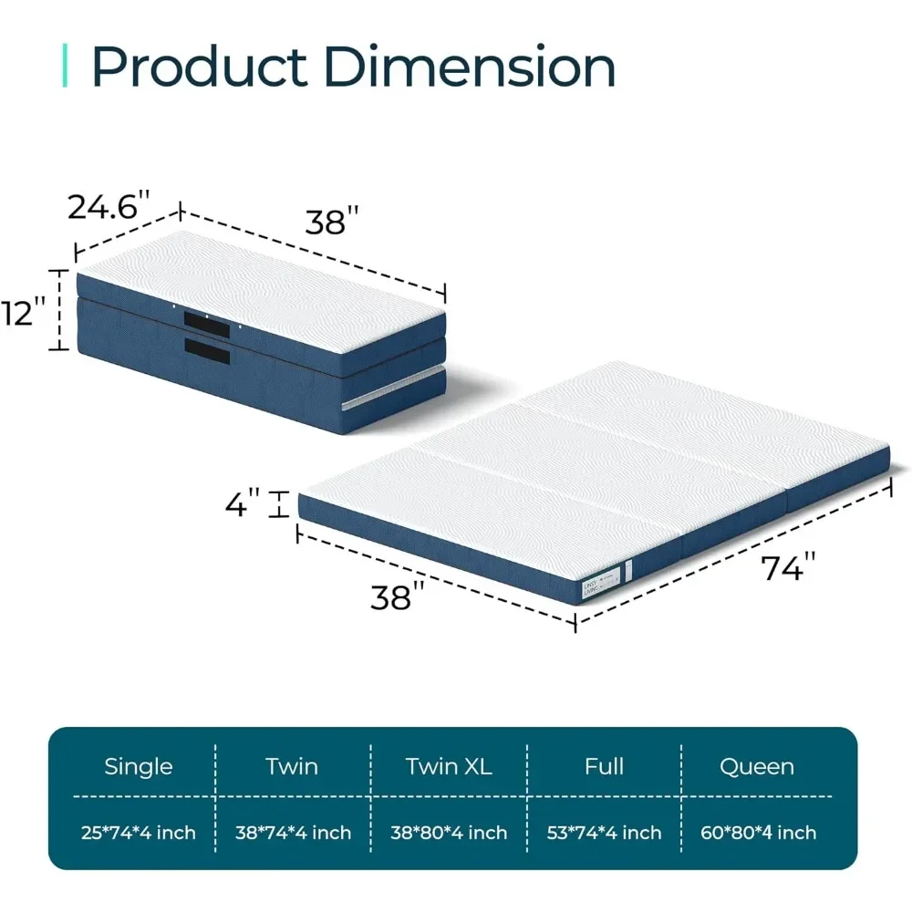 Colchão dobrável Trifold com tampa Tencel, fácil armazenamento sofá-cama, cama dobrável portátil, tamanho completo, 4 Polegada, frete grátis