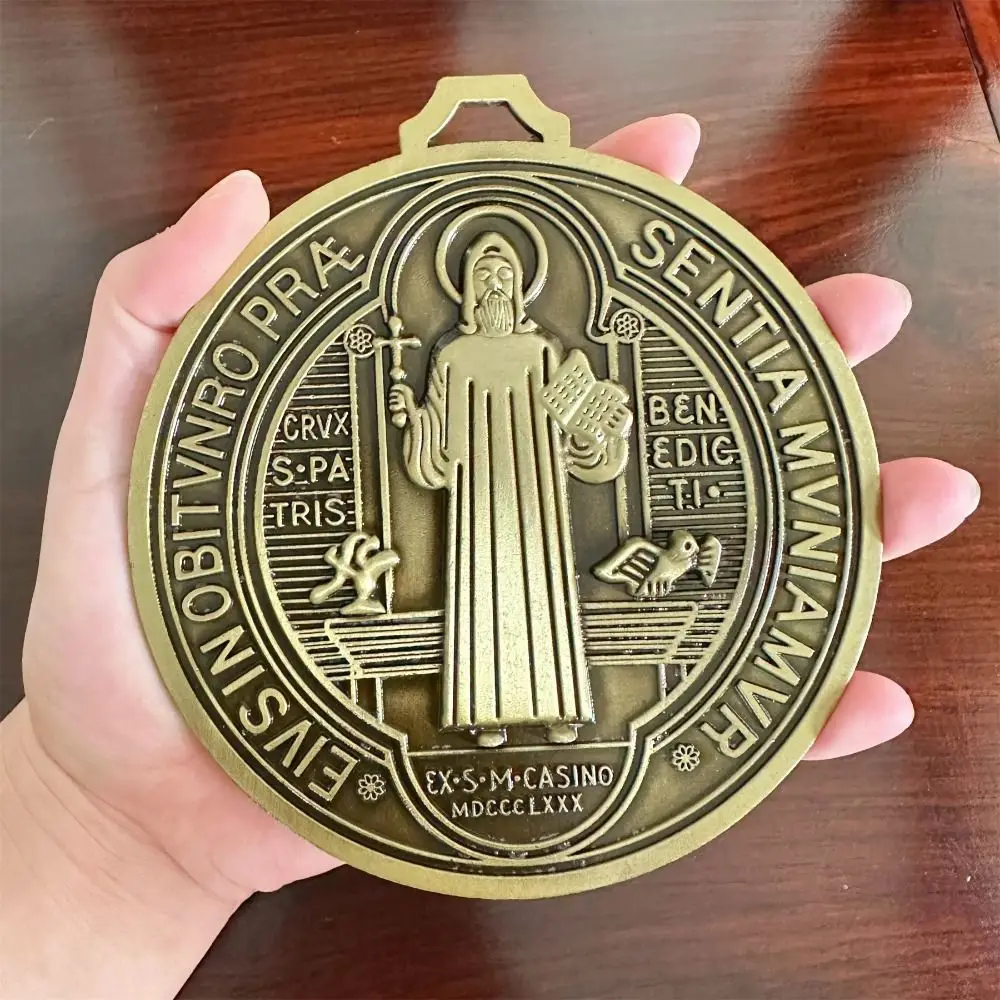 Extra Large Saint Benito Medal 5 Inch Zinc Alloy Saint Benedict Round Prize Home Decor Pendant Vintage Brass