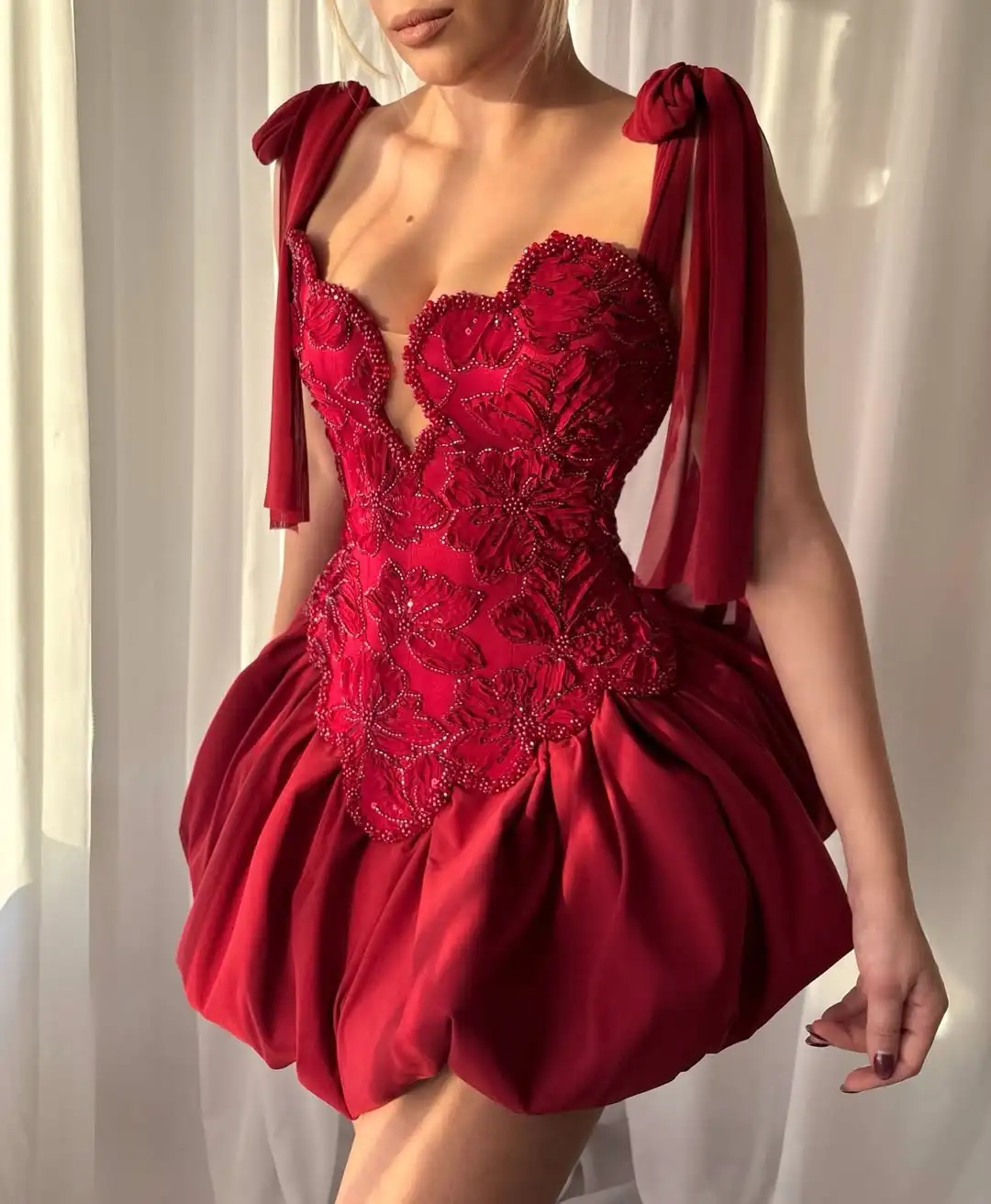 

Ofherown Red 3D Floral Beaded Cocktail Dress Mini Prom Gown Luxury Spaghetti Strap Evening Dress with Bubble Skirt for Party