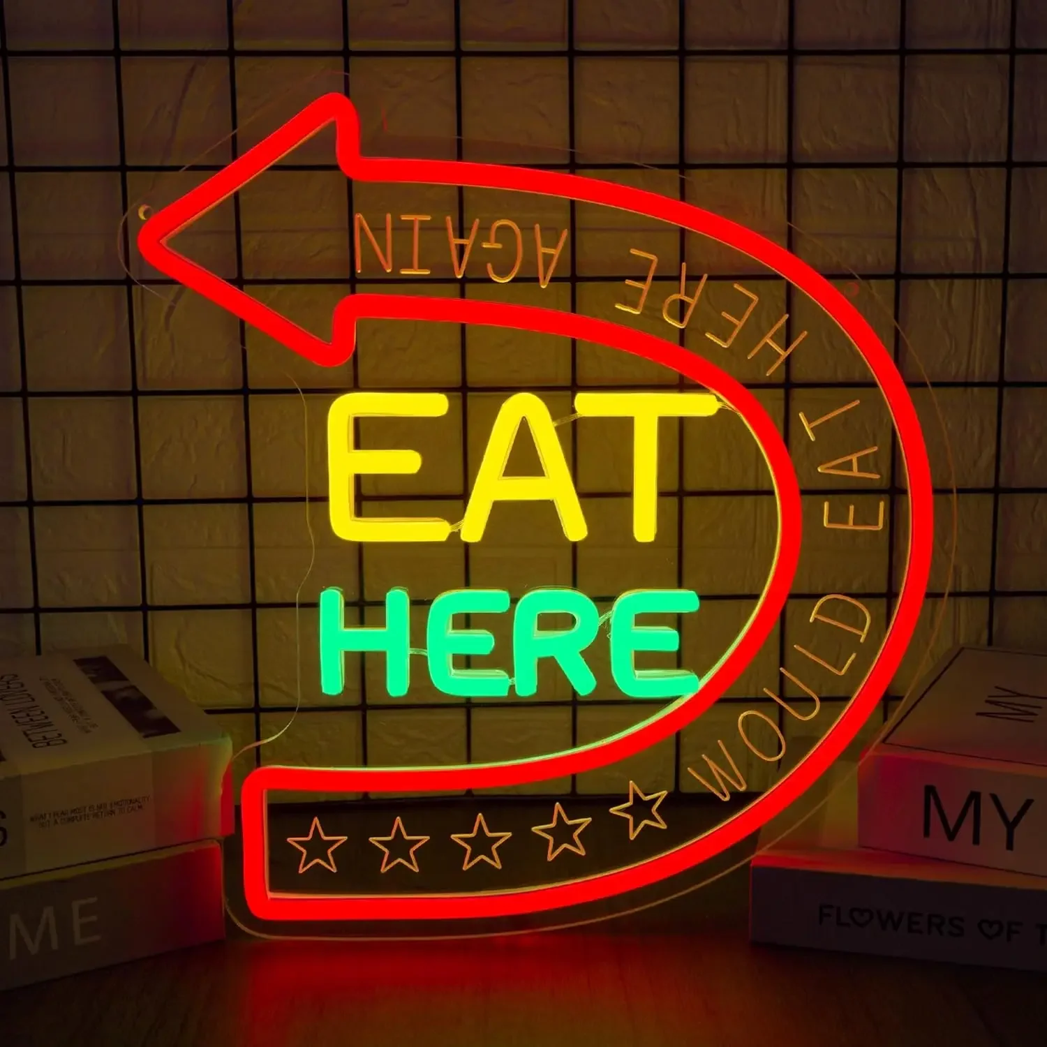 Eat Here Again Neon Sign Would Eat Here Arrow LED Wall Art USB Powered Glow Lamp Restaurant Cafe Bar Kitchen Home Decoration