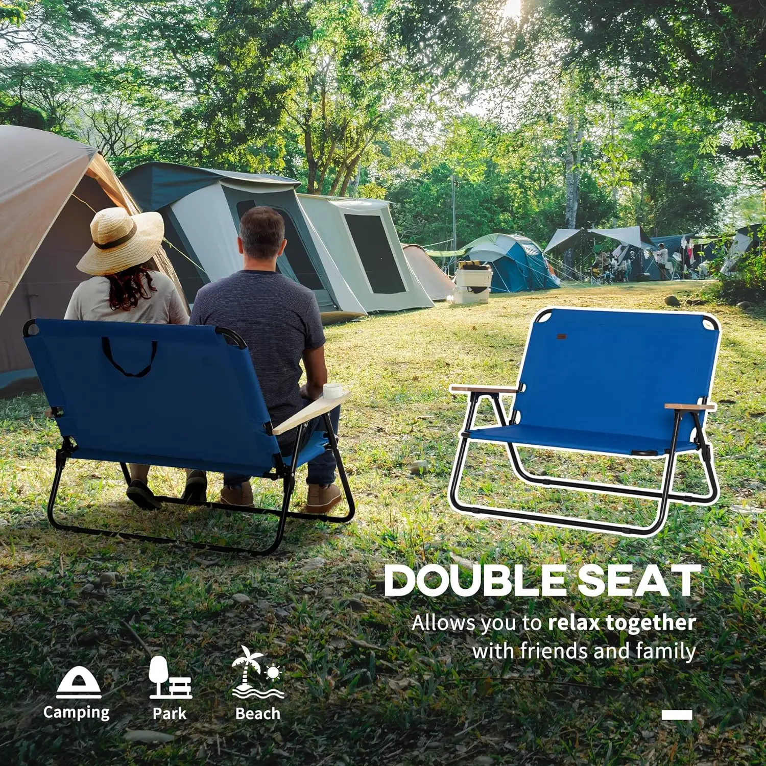 Loveseat-Silla de Camping plegable doble para 2 adultos, sofá de Camping portátil con reposabrazos de madera y Cupholders