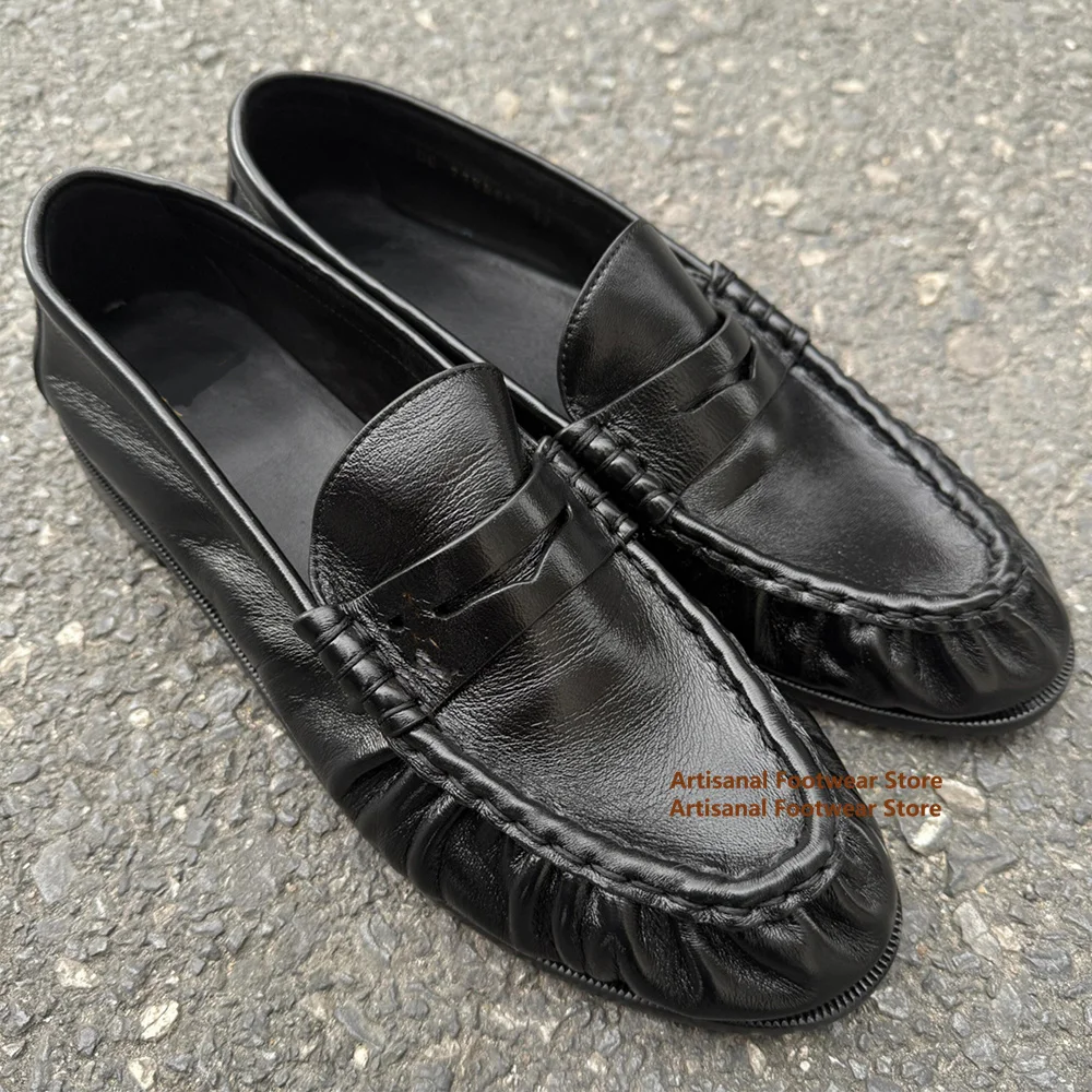 Retro Pleated Design Loafers Black Leather Slip On Single Shoes Soft Leather Soft Sole Casual Derby Shoes Trendy Men's Shoes