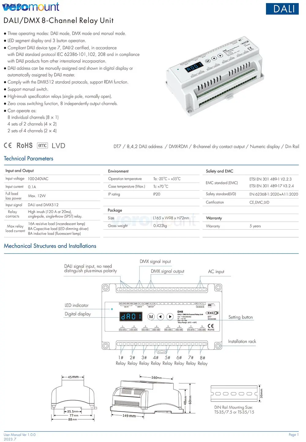 Skydance DH8 (DT7) For LED Lamp Lights 100-240VDC 8CH*16A DALI DMX RDM 8-Channel Relay Unit Controller Numeric Display Din Rail