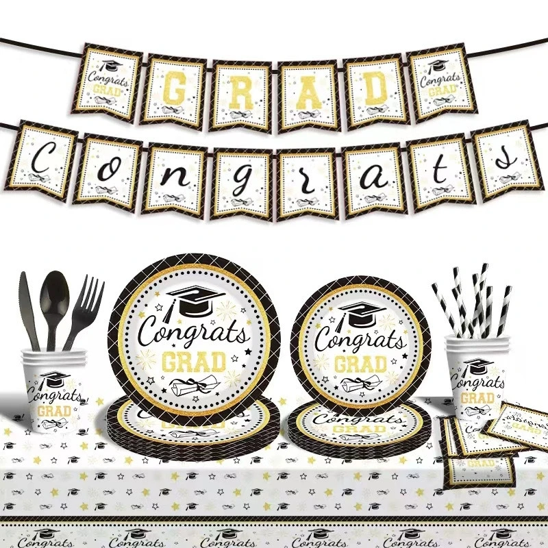 Juego de vajilla desechable de papel con temática de graduación, platos y vasos para eventos celebrativos