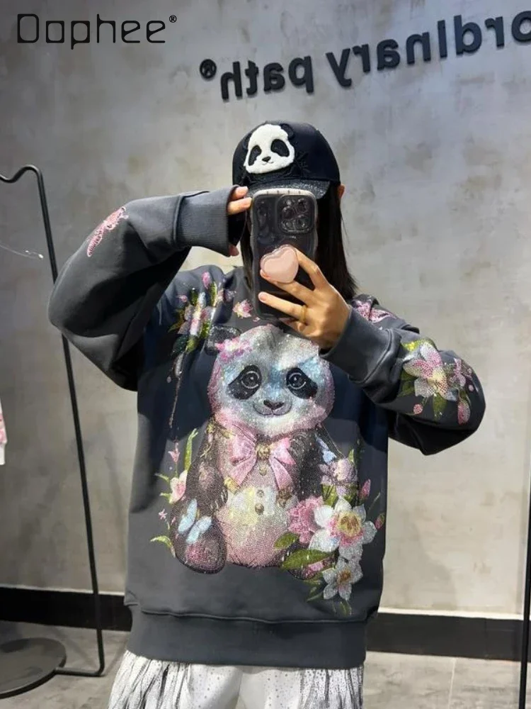 Panda Crew Neck Long Sleeve Fresh Flowers Chinese Style Design Sense Heavy Industry Hot Diamond Sweatshirts Women 2025 New