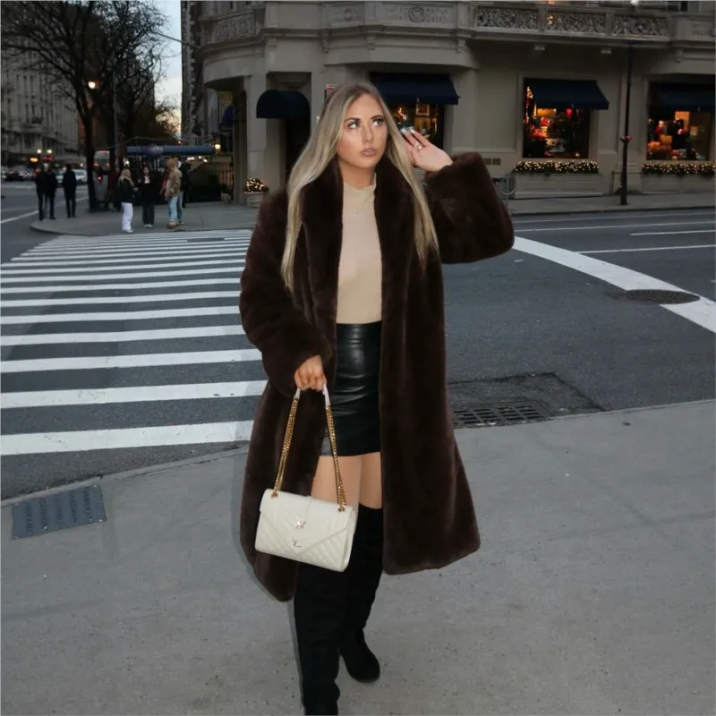 معطف فرو مختلط بياقة فواكه خضراء طويل للنساء #3