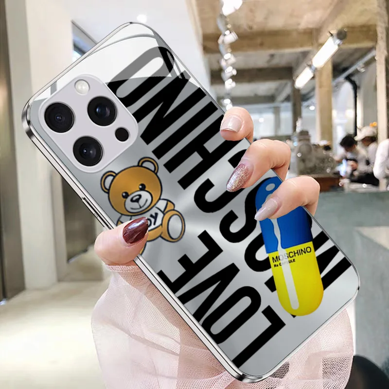 M-Moschinoes Phone Case for IPhone 16 15 14 13 12 11 Pro Max X XR XS MAX 8 7 Plus Shockproof Luxury Metallic Paint Glass Shell