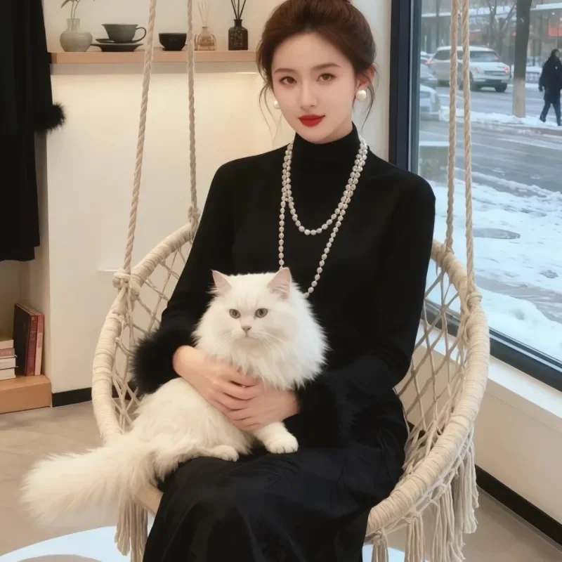 Women's Black Turtleneck Long Sleeve Dress Fur Cuff Detail Slim-Fit Casual Maxi Dress