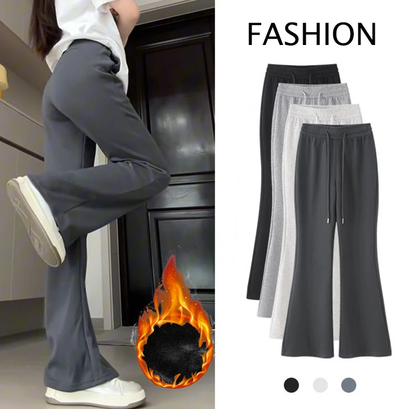 Zimowe eleganckie spodnie damskie z wysokim stanem, prostymi nogawkami, ocieplane polarem, ciepłe, pluszowe spodnie śniegowce, modne damskie spodnie termiczne na co dzień.