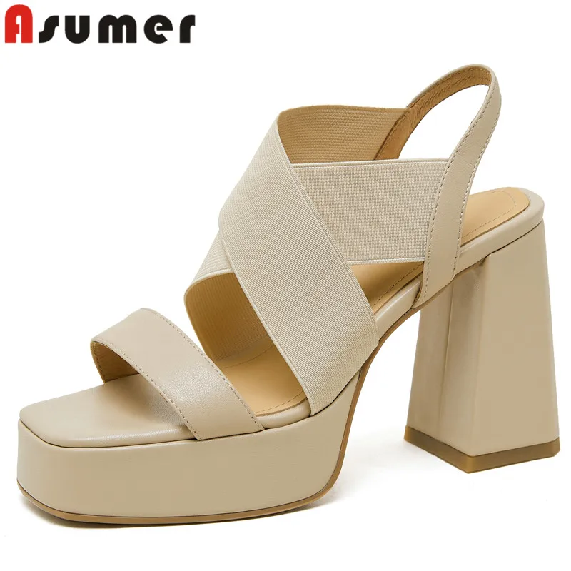 

ASUMER 2024 New Genuine Leather Summer Women's Sandals Slip On Thick High Heels Shoes Office Ladies Slingbacks Platform Sandals