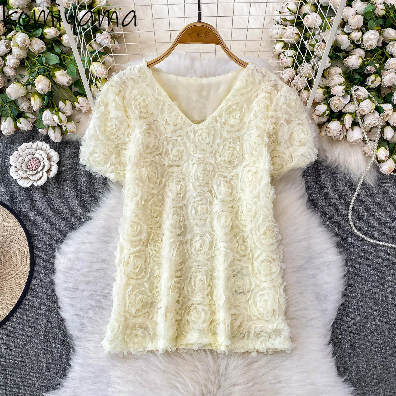 

Three-Dimensionalfloral Woman 2025 Shirts & Blouses V-neck Short Sleeve Blusas Mujer Summer Clothing Ropa De Mujer Camisas