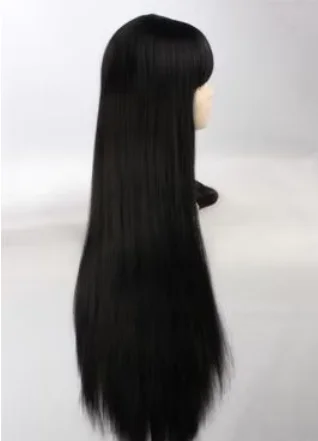 Wig sintetis hitam lurus panjang untuk wanita, Wig Cosplay serat suhu tinggi pinggiran datar untuk wanita