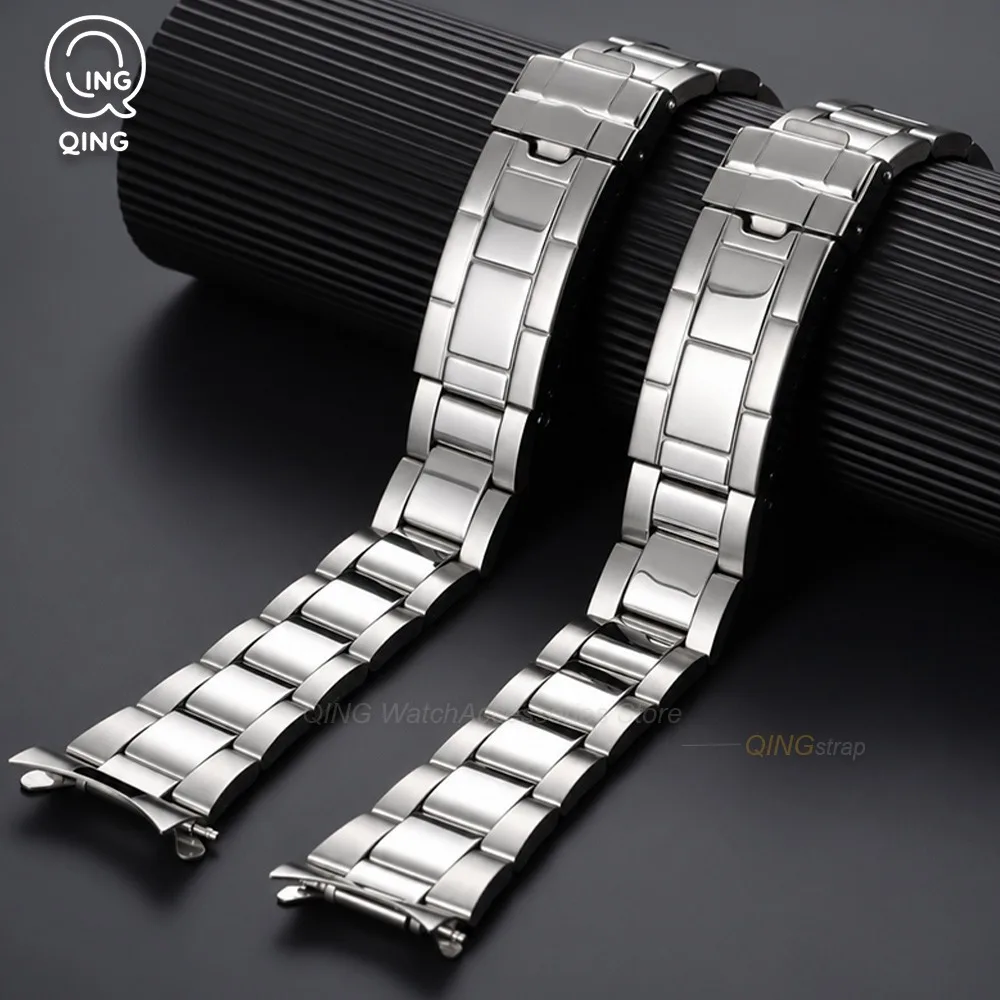 18mm 19mm 20mm 22mm Curved End Stainless Steel Watch Bands Deployment Clasp Metal Strap Durable Universal Bracelet for Men Woman