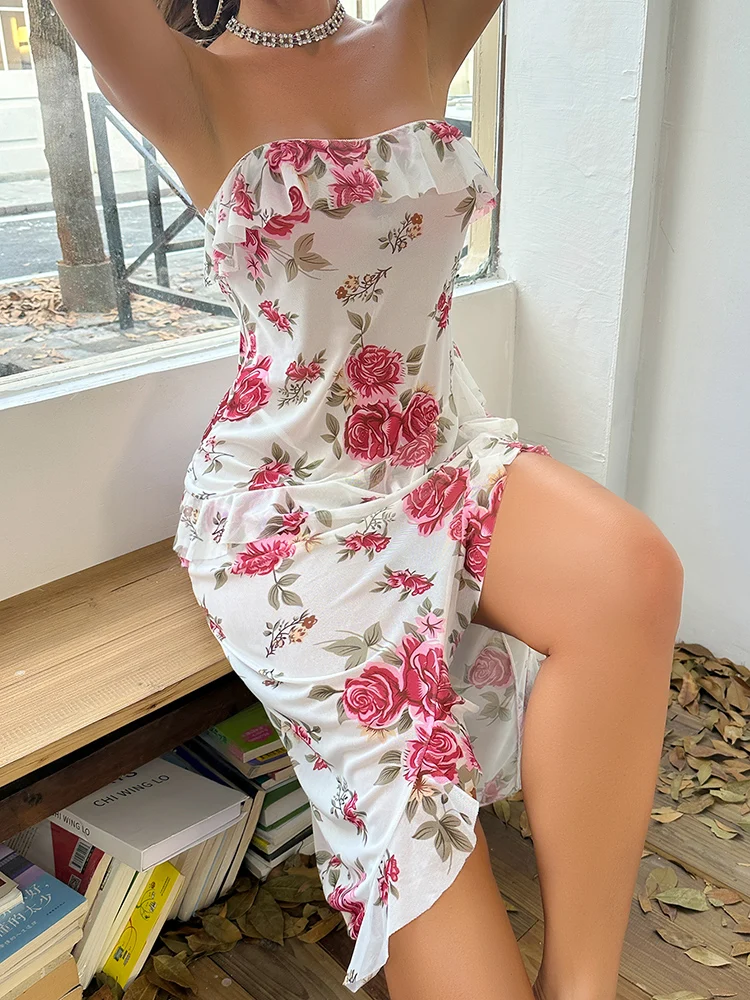 Sexy Floral Mesh Nightgowns Off Shoulder Night Dress Beautiful Ruffle Pajamas Dress Side Slit Print Sleepwear Babydoll Home Wear
