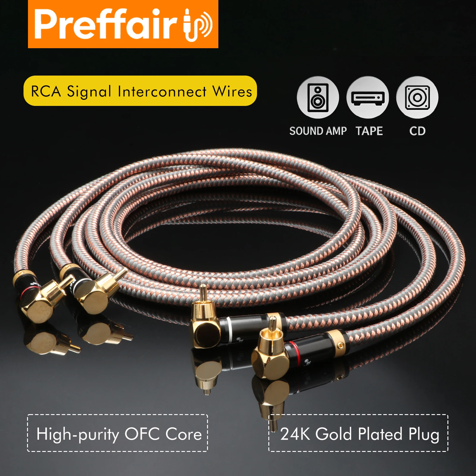 Preffair Hifi 4N OFC Elbow 90 Degree 2RCA TO 2RCA  Interconnect Audio Cable Gold Plated RCA Connector Plug for Amplifier Speaker