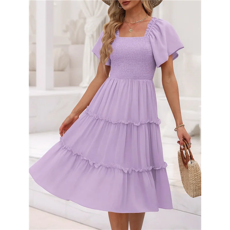 CYL-Women's Summer Casual Flutter Sleeve Square Neck Smocked Midi Dress